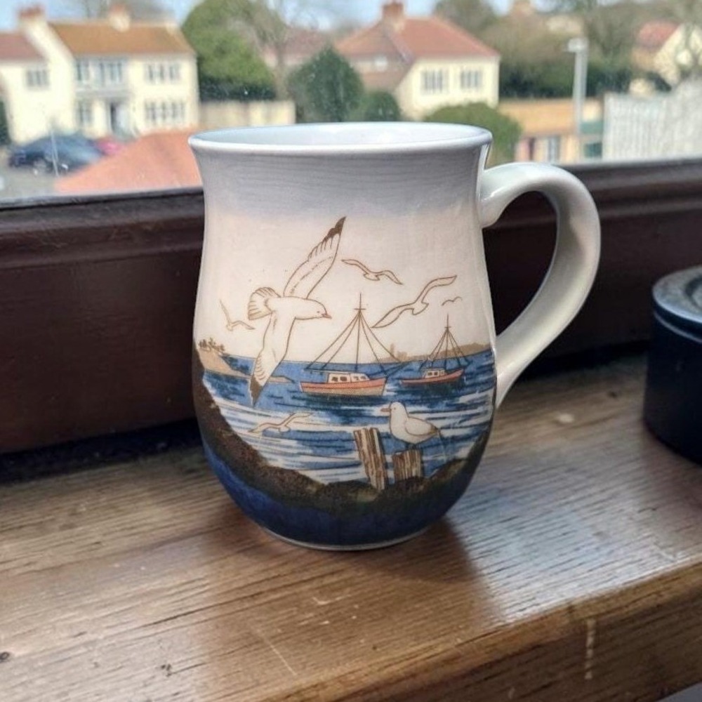 Studio Art Pottery Glazed Coffee Cup, Vintage Beach Seagulls Ships Waves Design